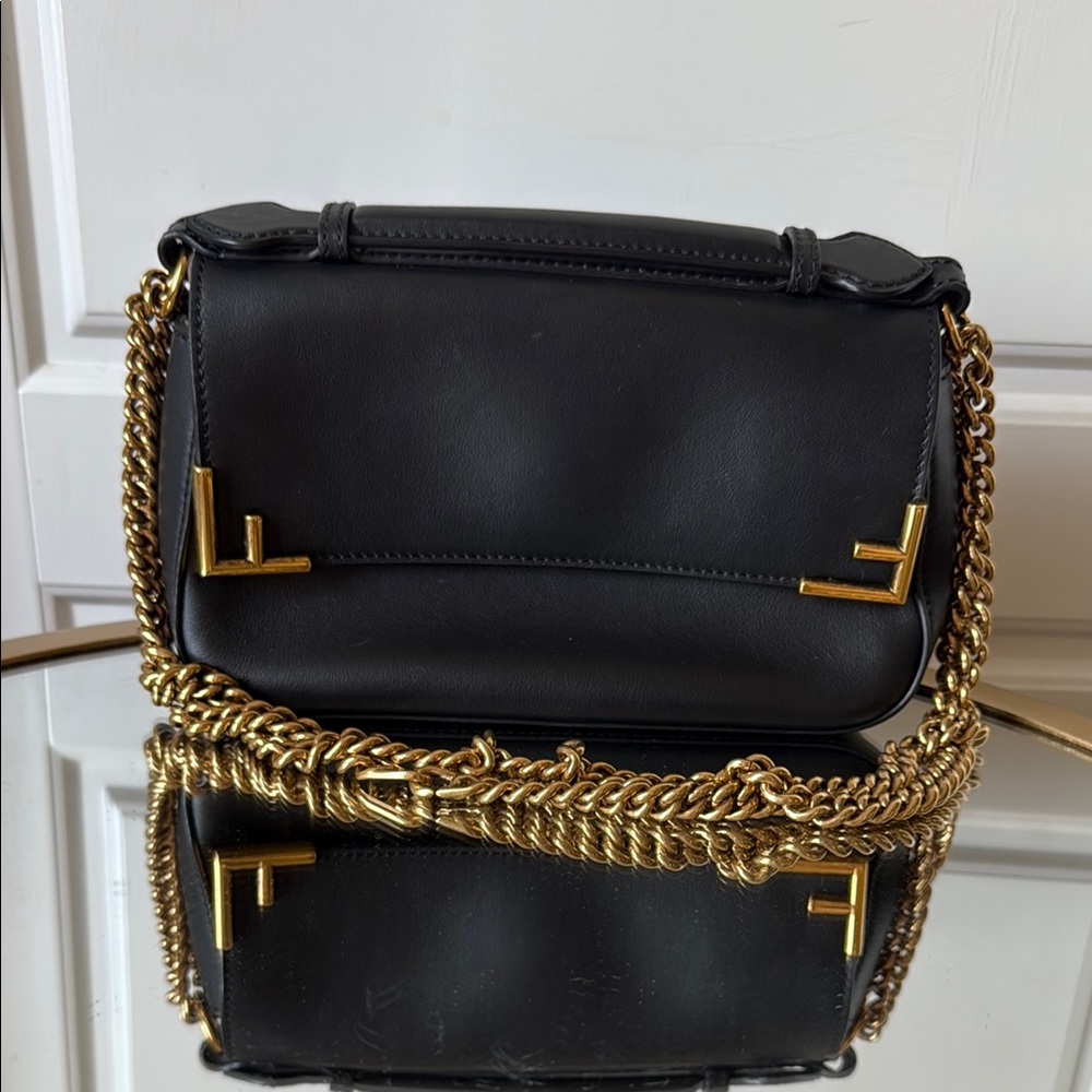 Unique Elegant Black and Monogram Leather Fendi Bag with Gold Chain